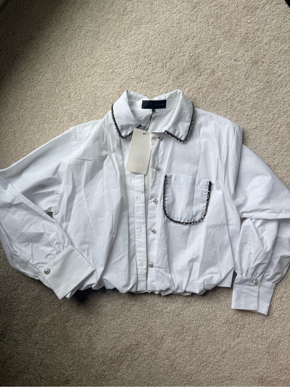 Zara White Button-Front Shirt with Black Trim